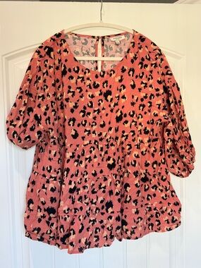 Andrée by Unit Leopard Print Blouse Large Tiered Ruffle Top